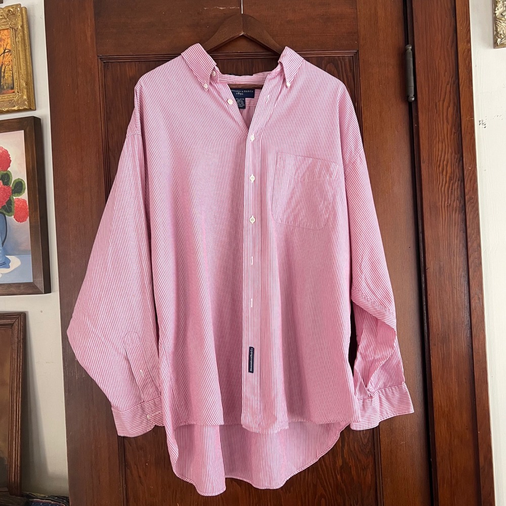 Abercrombie Fitch Co Mens Red Stripe Button Down Shirt Size 17 1/2 35‎